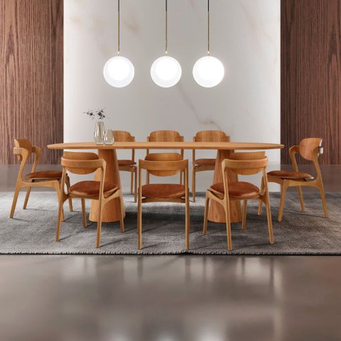 Sala de Jantar Mesa Noronha 220cm Tampo Laminado Canto Barril com 8 Cadeiras Solaris Gold