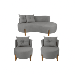Conjunto 2 Poltronas + Sofá Curvo Orgânico Boucle Cinza - Montanaris Decor - 1