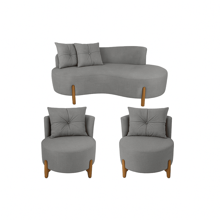 Conjunto 2 Poltronas + Sofá Curvo Orgânico Boucle Cinza - Montanaris Decor