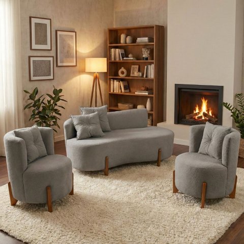 Conjunto 2 Poltronas + Sofá Curvo Orgânico Boucle Cinza - Montanaris Decor