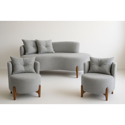 Conjunto 2 Poltronas + Sofá Curvo Orgânico Boucle Cinza - Montanaris Decor