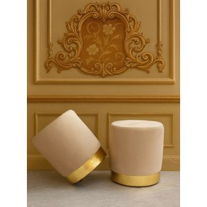 1kit Puff com Rodapé Dourado Bege Veludo