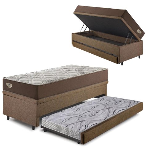 Bicama Box Baú com Linho Marrom 120x203 com Colchão Relax Adorabile Molas Ensacadas Ecoflex