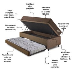 Bicama Box Baú com Linho Marrom 120x203 com Colchão Relax Adorabile Molas Ensacadas Ecoflex - 5