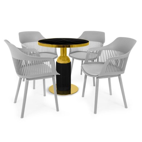 Conjunto Mesa de Jantar Redonda Imperial 70cm Preta com 4 Cadeiras Estofadas Marcela - Cinza