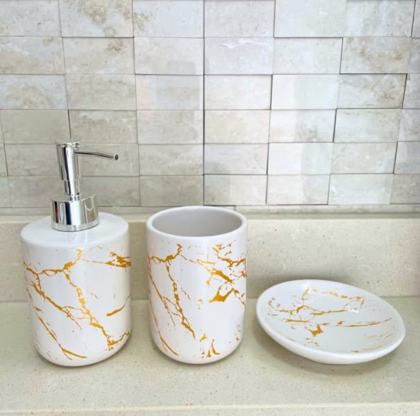 Ver imagem 6 de Kit Banheiro Lavabo Cerâmica Porta Escova Sabonete 3 Peças Marmorizado Branco