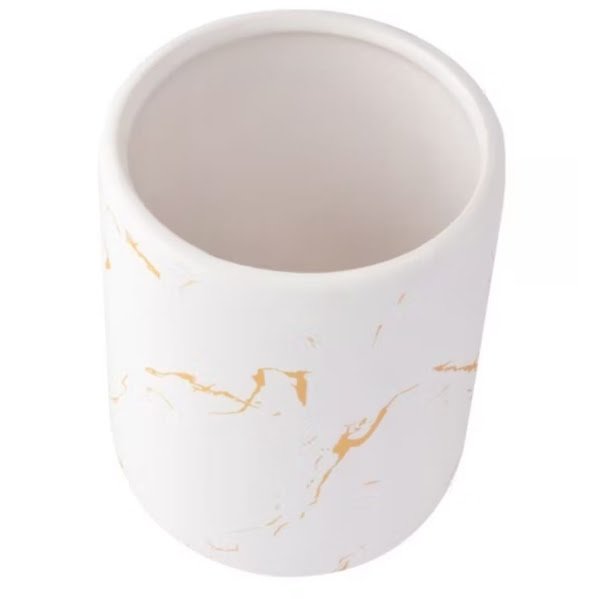 Ver imagem 3 de Kit Banheiro Lavabo Cerâmica Porta Escova Sabonete 3 Peças Marmorizado Branco