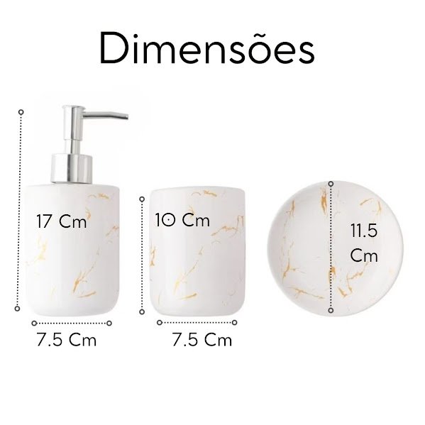 Kit Banheiro Lavabo Cerâmica Porta Escova Sabonete 3 Peças Marmorizado Branco - 5