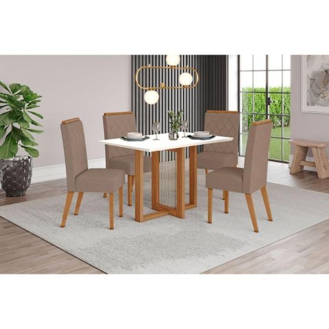 Conjunto: Mesa Sala Jantar Natalí c/ Tampo Madeirado 120x80cm e 4 Cadeiras Nina Nature/Off White -