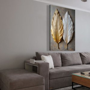 Quadro Decorativo Folhas Abstratas 3d Dourado Branco Sala Quarto Casa Escritório