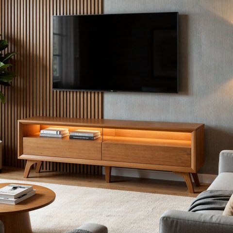 Rack para TV até 75 Polegadas 100% MDF 180cm Pés em Madeira Maciça Laqueado 2 Gavetas Áustria