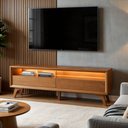 Ver imagem 1 de Rack para TV até 75 Polegadas 100% MDF 180cm Pés em Madeira Maciça Laqueado 2 Gavetas Áustria