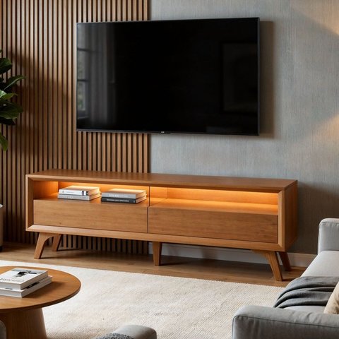 Rack para TV até 75 Polegadas 100% MDF 180cm Pés em Madeira Maciça Laqueado 2 Gavetas Áustria