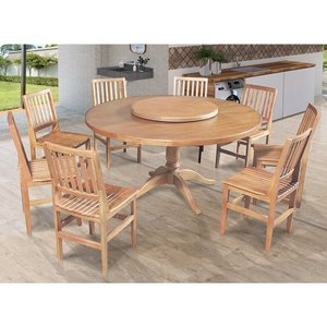 Mesa Jantar Redonda 1,60m Prato Giratório Amélia Madeira Maciça com 8 Cadeira Ripada Confort Natural