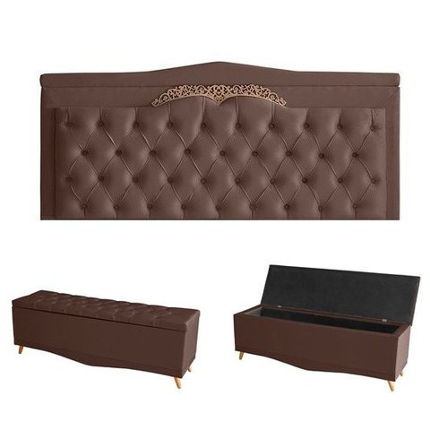 Kit Helena Cabeceira de Cama Painel e Calçadeira Baú Queen 160 Cm Suede Rosê Eli Móveis e Decoração