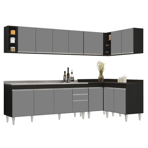 Armário de Cozinha Modulado de Canto 7 Peças Cp36 com Pia Inox Preto-cinza - Lumil