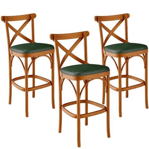 Kit 03 Banquetas Altas Cozinha Bancada Sala Jantar Estofada Ávila L02 Couríssimo Verde Musgo -