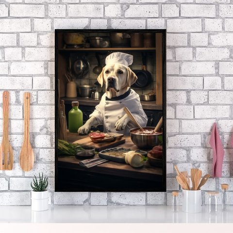 Quadro para Cozinha Cão Raça Labrador 33x24cm - com Vidro:madeira Branca