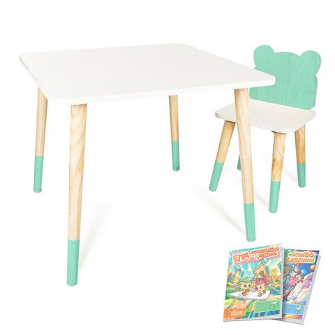 Mesa e Cadeira Infantil Urso Kit Livro Educativo em Madeira - Verde Claro
