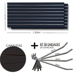 2 Paineis Canaletado Pretos - 1,22 X 0,61 + 50 Ganchos 20cm + Canaletas Pretas - 1