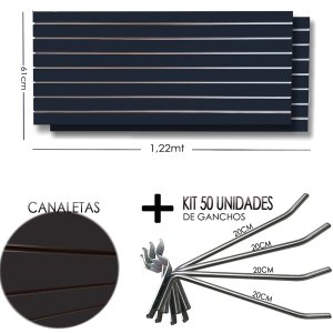 2 Paineis Canaletado Pretos - 1,22 X 0,61 + 50 Ganchos 20cm + Canaletas Pretas