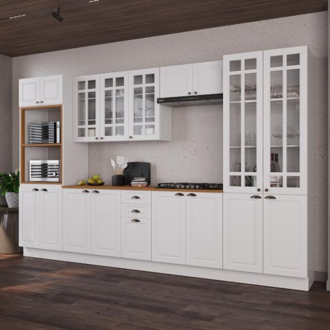 Armário de Cozinha Modulada Completa Fidelitá Nara 100% MDF 6 Peças 350cm 18 Portas 2 Gavetas com