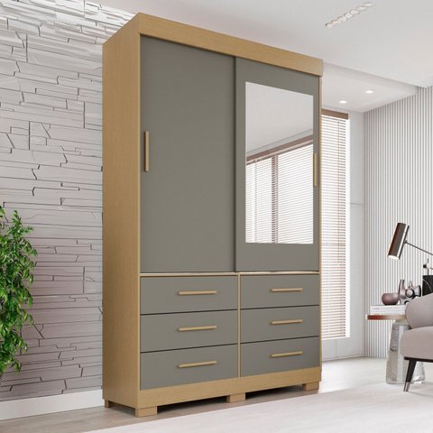 Guarda-Roupa com Pés e Espelho 2 Portas 6 Gavetas Luana Cinza/Jequitibá/Granizo