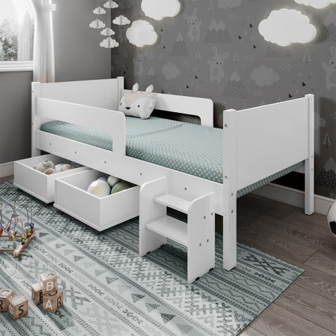 Cama Solteiro com 2 Baus Organizador e Escada Luna Plus Branco