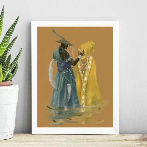 Quadro Candomblé Oxum e Logun 33x24cm - com Vidro:madeira Preta