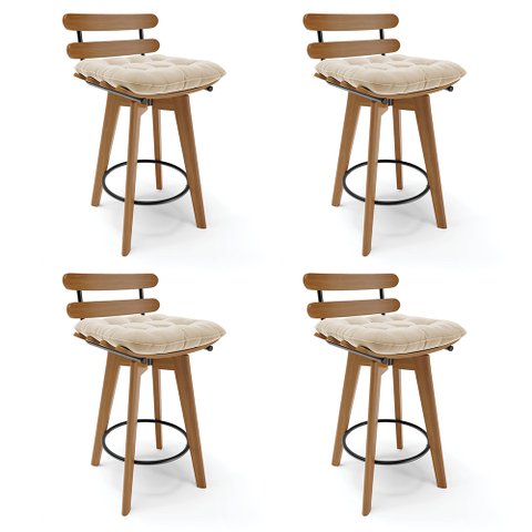 Kit 04 Banquetas Giratória Costela Suede Bege Base Madeira MA70 - D’Rossi