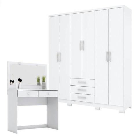 Guarda Roupa Casal Caju 6 Portas e Penteadeira Daila com Led Branco - Henn