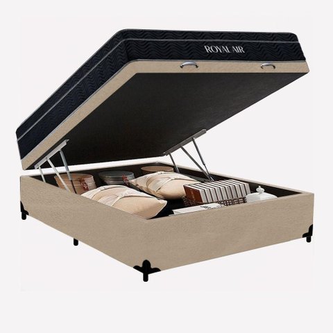 Cama Box Baú Casal 138cm Royal Air Molas Ensacadas Suede Bege com Colchão Royal