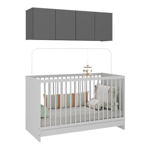 Berço 3 em 1 com Armário Aéreo 4 Portas Multimóveis Mp4140 Branco/grafite