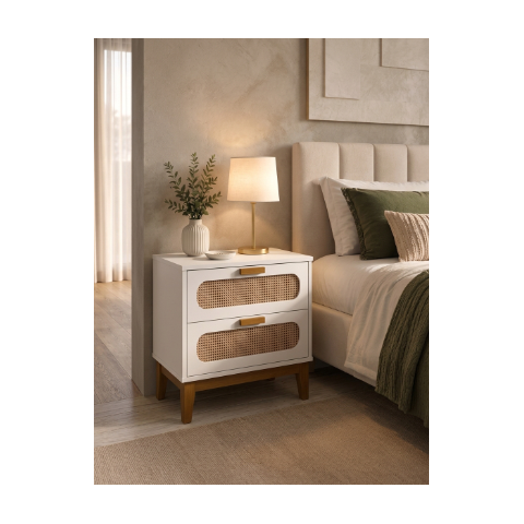 Mesa de Cabeceira com Gaveta Branco Cama Quarto Casal Estilo Retrô Pes Puxadores Madeira Maciça 45cm