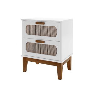 Mesa de Cabeceira com Gaveta Branco Cama Quarto Casal Estilo Retrô Pes Puxadores Madeira Maciça 45cm