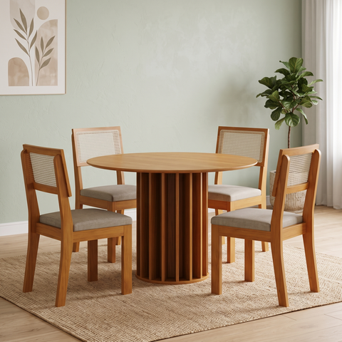 Conjunto Sala de Jantar Redonda MDF com 4 Cadeiras Flora Marrom Cinamomo/Palha