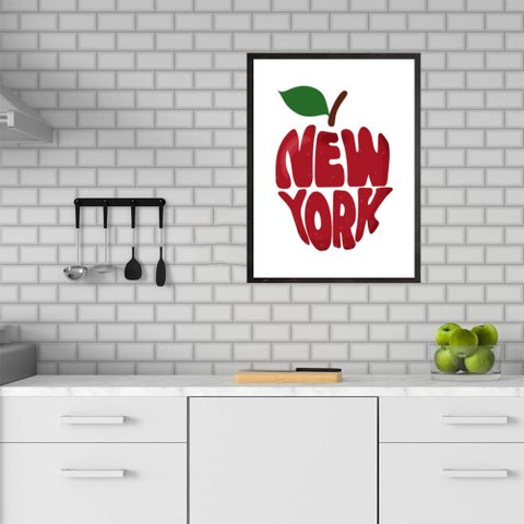 Quadro New York - Maçã 33x24cm - com Vidro:moldura Preta