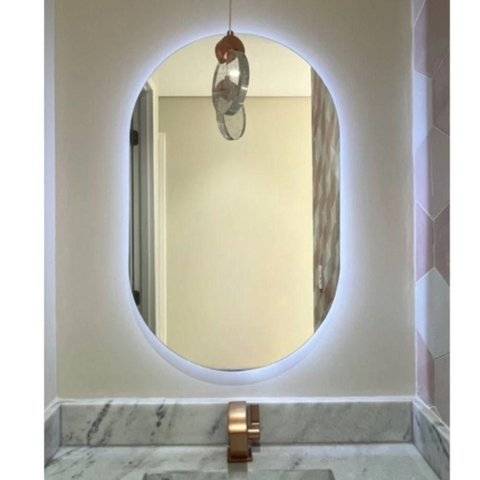 Espelho Brillare Orgânico Oval Grande com Led 80x50cm Lapidado À Pilha ou Fonte Branco Frio Pilha
