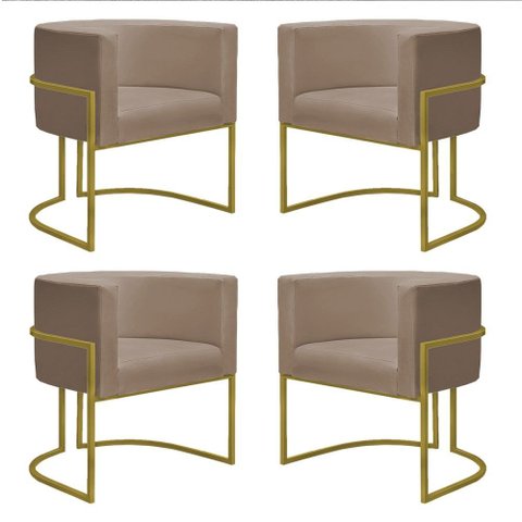 Kit 4 Poltronas Reforçadas Decorativa Sala Nayara Base Ferro Dourado Suede Capuccino