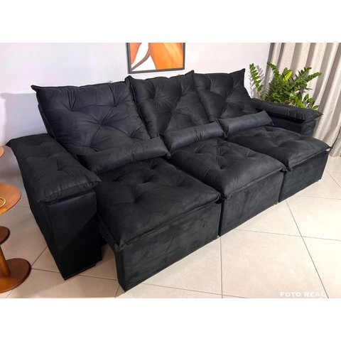 Sofá Retrátil e Reclinável 2,70m em Tecido Veludão C/pillow Nos Braços Athenas:preto/270cm