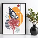 Ver imagem 1 de Quadro Moderno Pássaro com Flor - Geométrico 24x18cm:moldura Preta