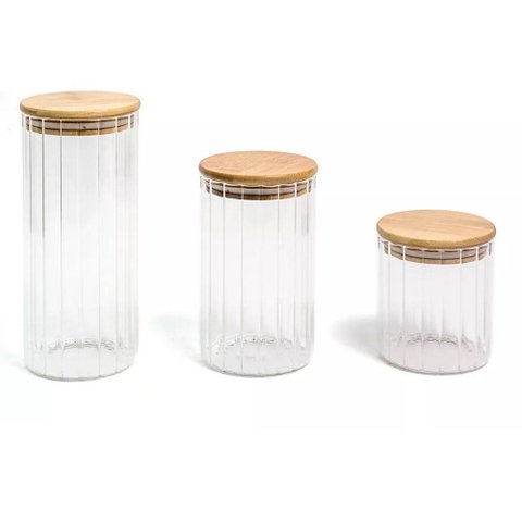 Pote 1100ml de Vidro Canelado com Tampa de Bambu -oikos