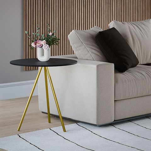 Mesa Lateral Decorativa Gabriela Base Dourada Tampo Redondo Preto