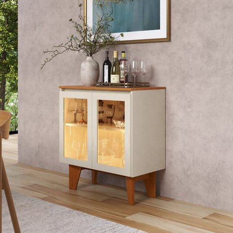 Aparador Balcão Buffet Krypton 2 Portas Reflecta com LED Yescasa Amadeirado/Marrom/Offwhite