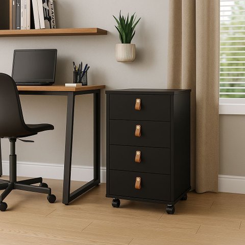 Gaveteiro com Rodinha Quarto Escritório 4 Gavetas Multiuso:preto
