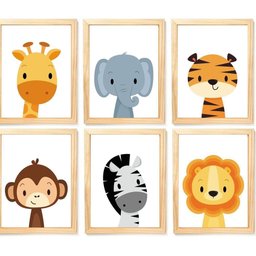 Quadro Infantil Safari 6 Un A4 Vidro e Pendurador - 1