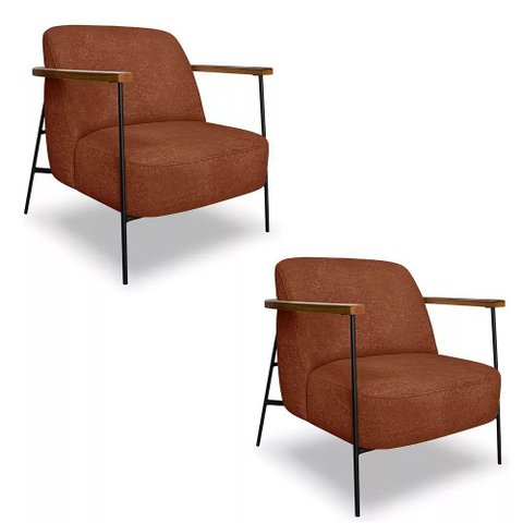 Kit 2 Poltronas Decorativa Eros Linho Bouclê com Base de Ferro Preto Ssx Multicoisas Marrom