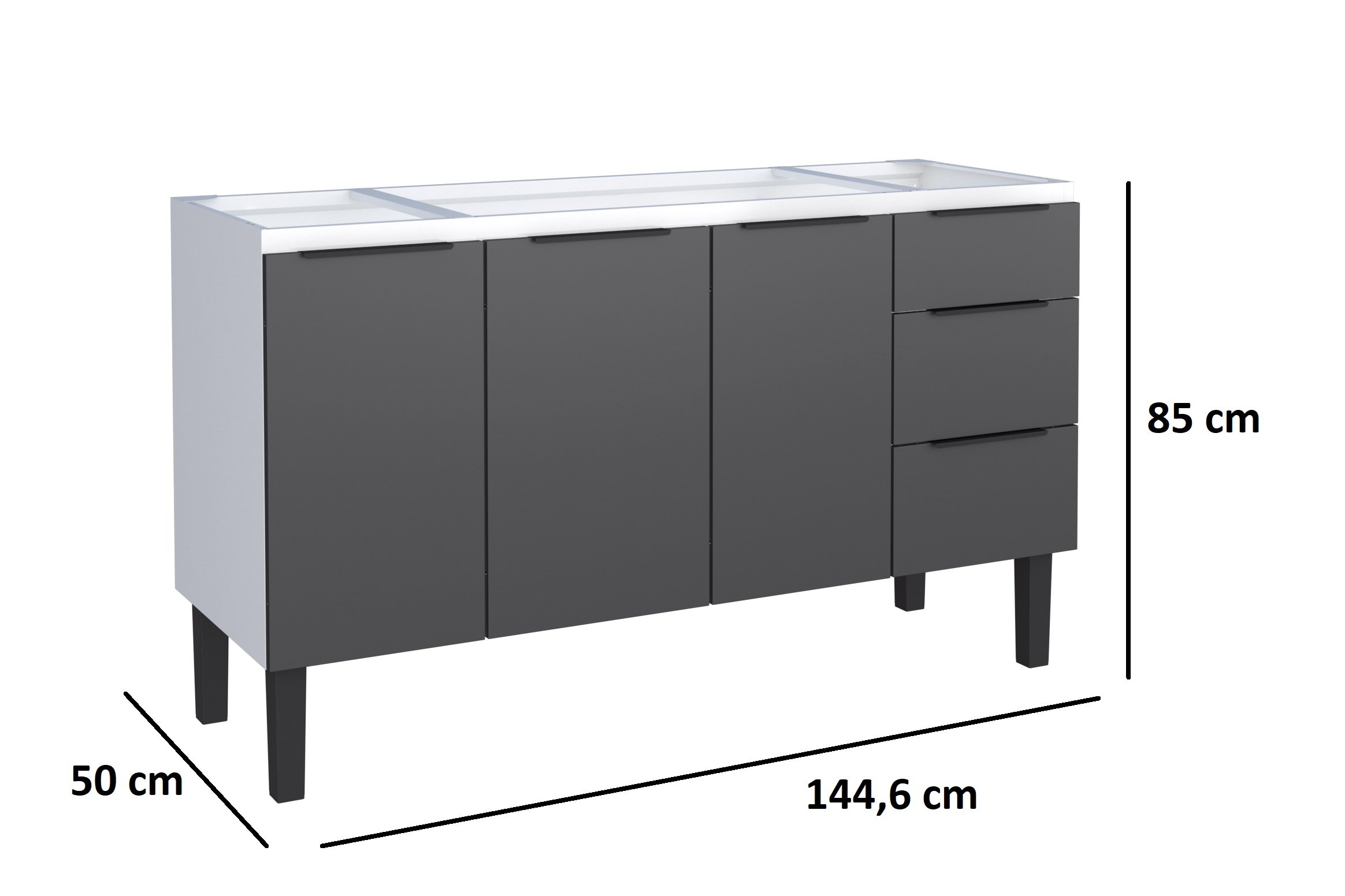 Gabinete Armário Cozinha Jupter 1.50 Mt 100% Aço P/ Pia -balção -3 Portas- 3 Gavetas:branco/preto - 3