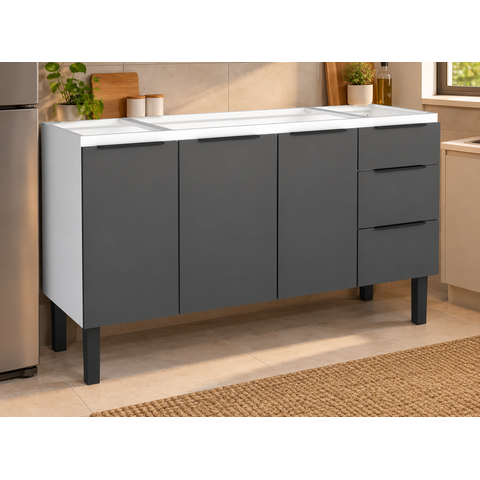 Gabinete Armário Cozinha Jupter 1.50 Mt 100% Aço P/ Pia -balção -3 Portas- 3 Gavetas:branco/preto