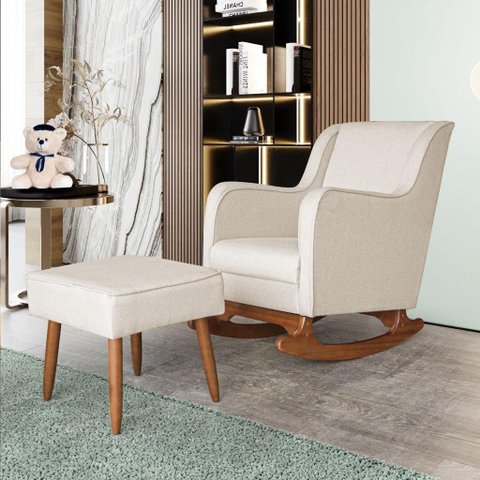 Poltrona Amamentação Aquila Balanço com Puff Suede Bege Ideal Moveis